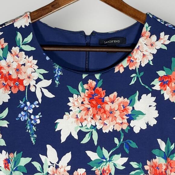Lands' End Tank Dress Women Size 18 Blue Ponte Floral‎ Back Zip Stretch Pockets - Picture 2 of 13